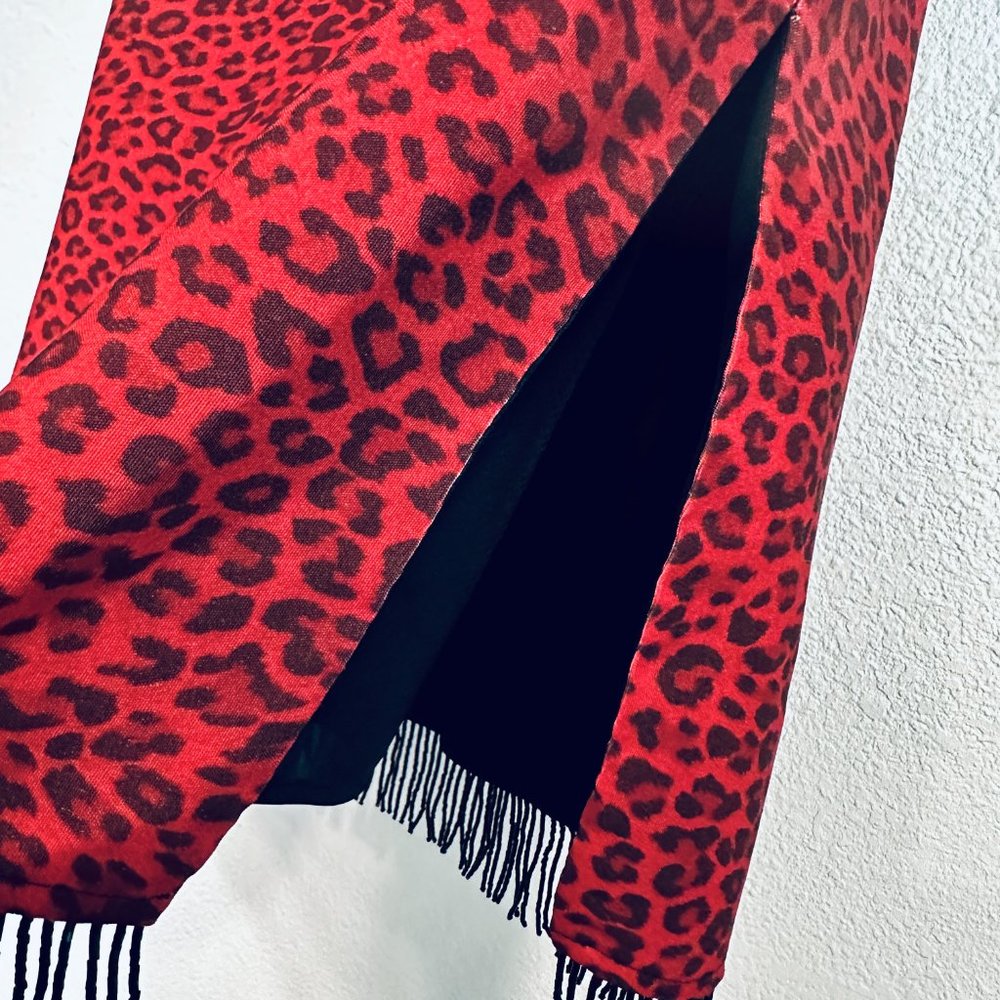 Vintage Mica Pencil Skirt Beaded Fringe Red Animal Print Lined EUC - Picture 6 of 8